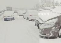 威海大雪致大量車輛擁堵動彈不得 積雪淹沒半個車輪