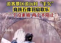游客景區手欠拔石像羽扇取樂 網友：一個沒素質兩個不阻止