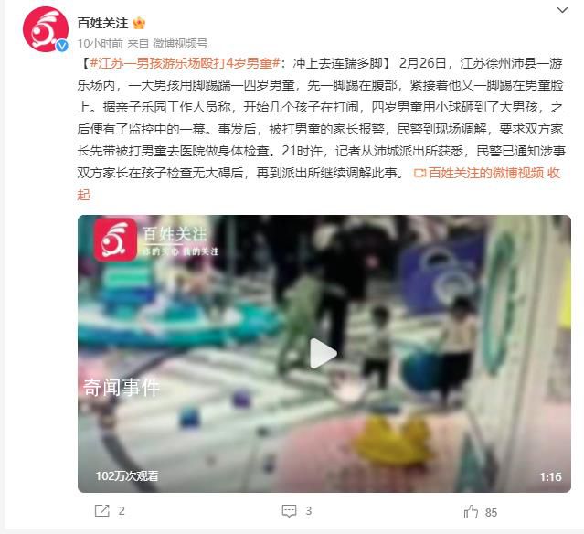 男孩游樂場毆打4歲男童:連踹多腳