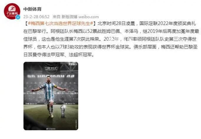 梅西第七次當(dāng)選世界足球先生 加冕年度最佳球員