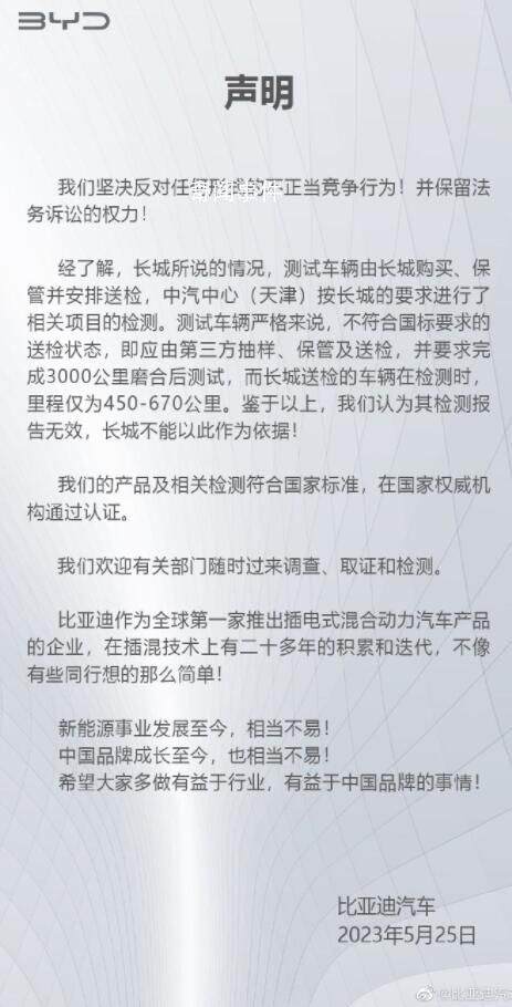 比亞迪回應(yīng)長城舉報:反對不正當競爭