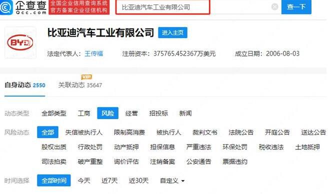 比亞迪汽車工業公司經營異常 通過登記的住所或經營場所無法聯系