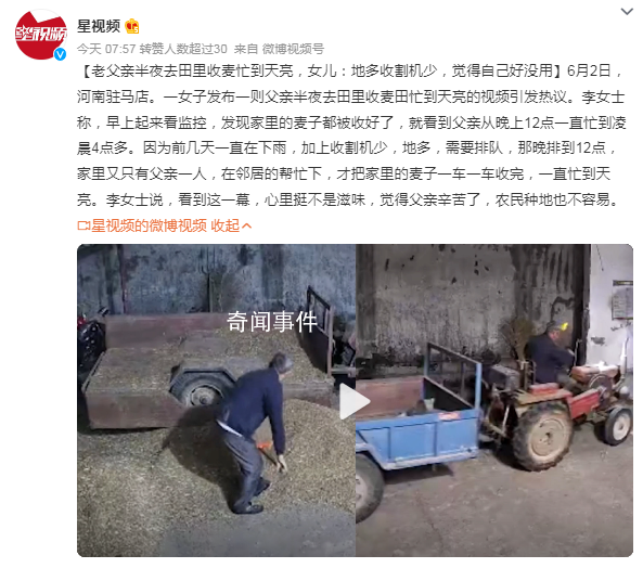老父親半夜去田里收麥忙到天亮 看到這一幕心里挺不是滋味