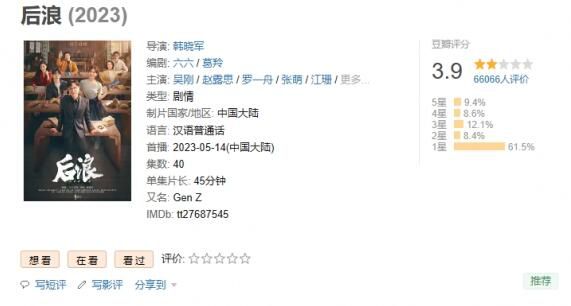 后浪豆瓣開分3.9 引發網友熱議