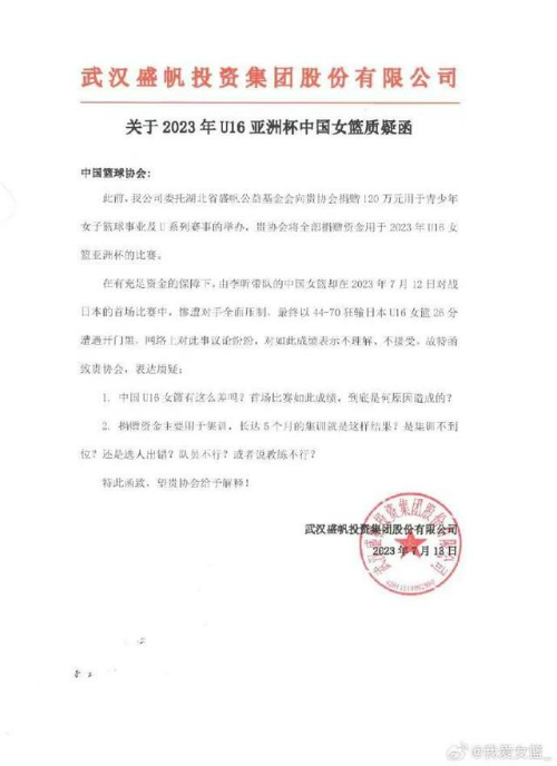 U16女籃慘敗日本后贊助商質問籃協