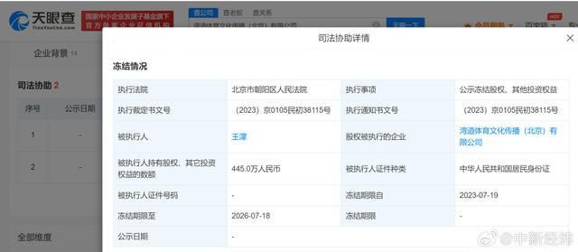 王濛所持445萬(wàn)股權(quán)被凍結(jié) 凍結(jié)期限自2023年7月19日至2026年7月18日
