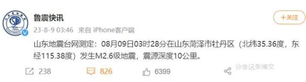 菏澤地震 震源深度10公里