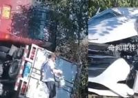 黑龍江多車相撞 大客車壓在貨車上