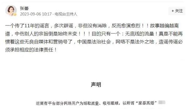 主持人張蕾再次辟謠11年謠言 故事越編越離譜