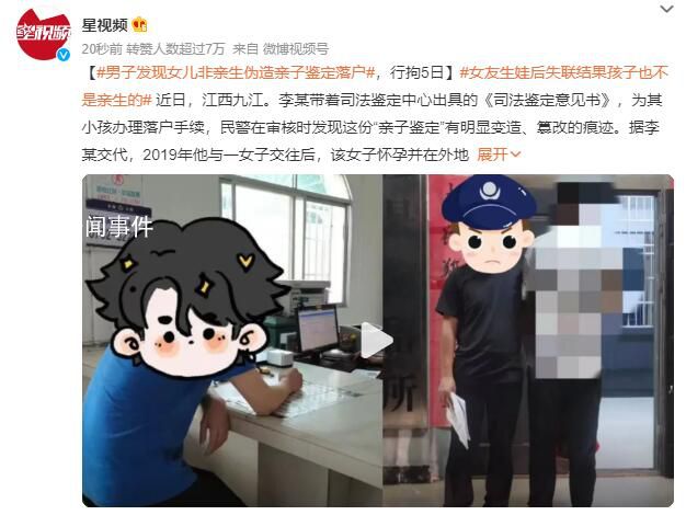 男子發現女兒非親生擅改親子鑒定 為辦理戶口被拘留五日