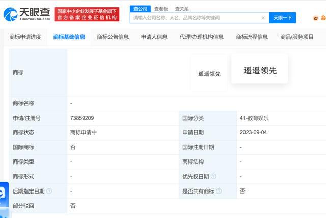 “遙遙領先”已被注冊為商標 當前商標狀態均為申請中
