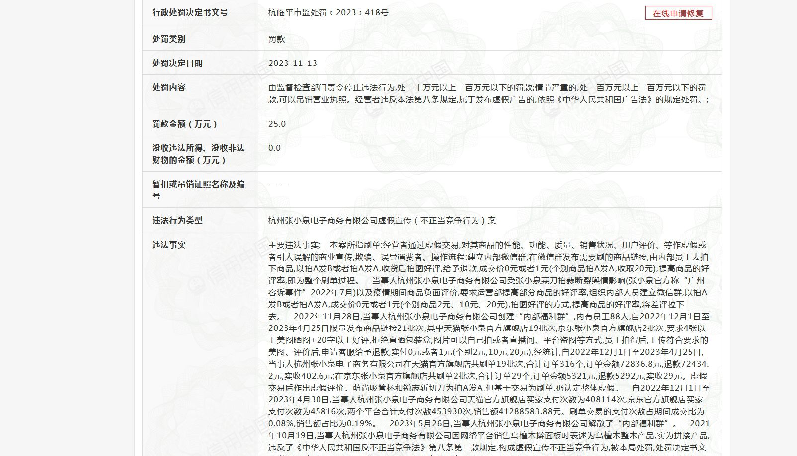 張小泉為應(yīng)對(duì)拍蒜斷刀刷好評(píng)被罰 處罰決定日期為2023年11月13日