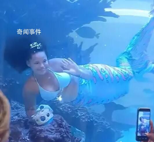 南非美人魚表演時尾部被卡住 還好最后成功脫掉演出服游走成功脫困