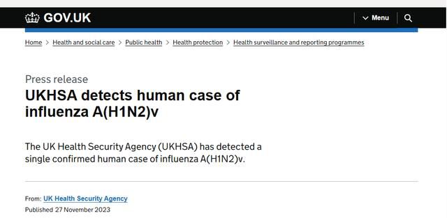 英國報告首例人感染H1N2病例
