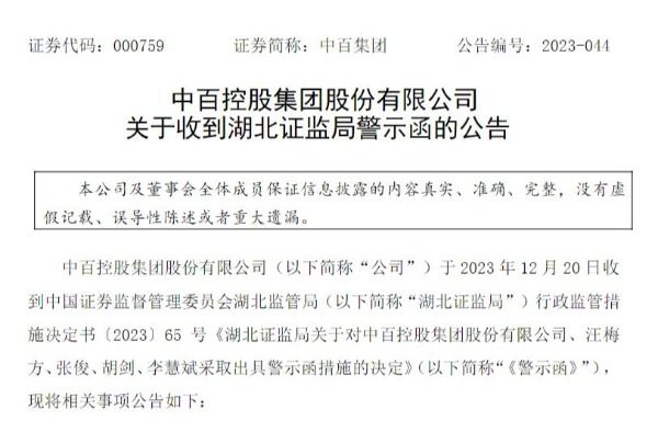 中百集團及多名高管被警示